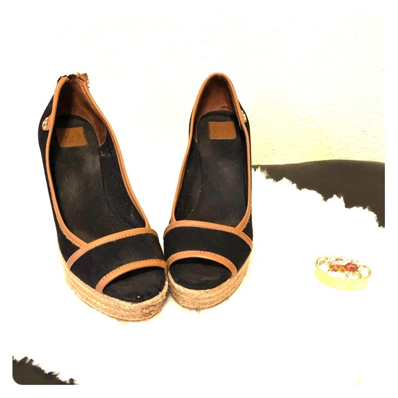 Tory Burch Shoes - Tory Burch Black and Brown Straw Wedges